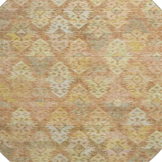 8' Copper Gold And Beige Ikat Washable Round Rug With UV Protection Photo 2