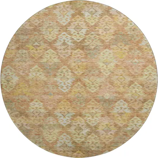 8' Copper Gold And Beige Ikat Washable Round Rug With UV Protection Photo 1