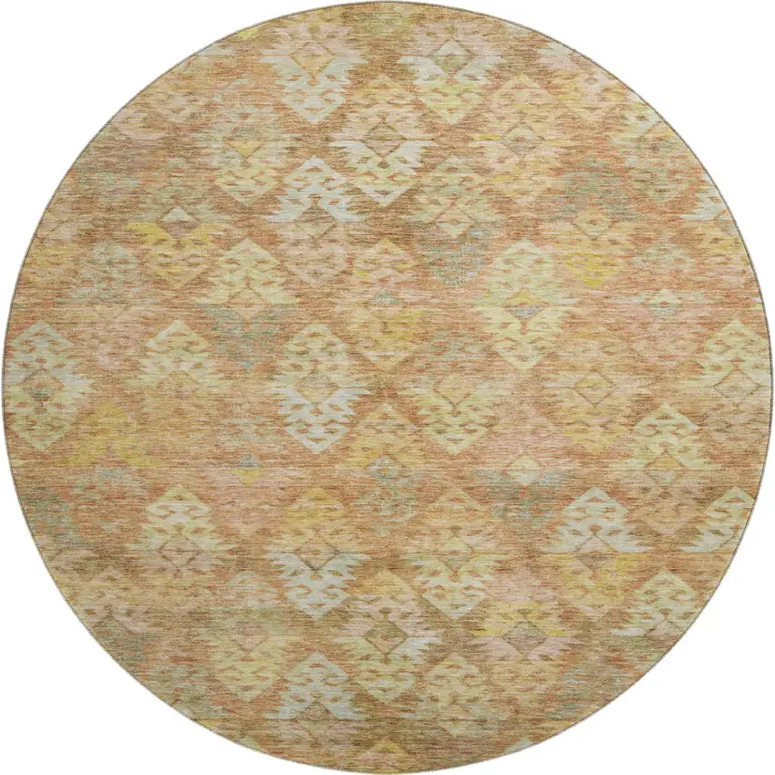 8' Copper Gold And Beige Ikat Washable Round Rug With UV Protection Photo 1