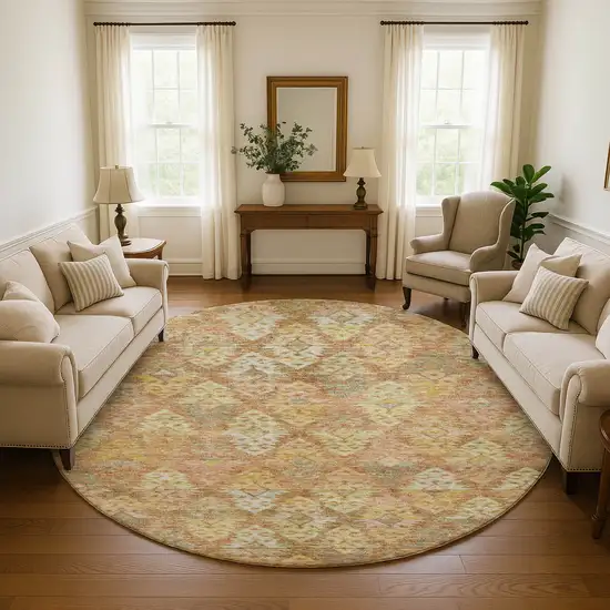 8' Copper Gold And Beige Ikat Washable Round Rug With UV Protection Photo 4