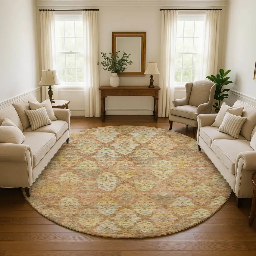 8' Copper Gold And Beige Ikat Washable Round Rug With UV Protection Photo 4