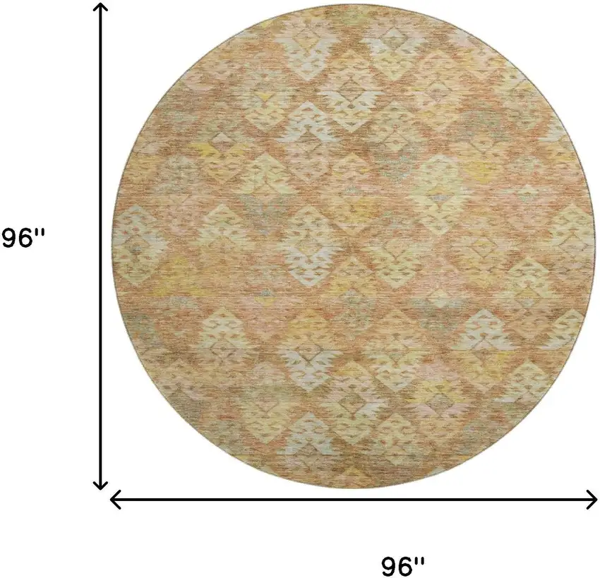8' Copper Gold And Beige Ikat Washable Round Rug With UV Protection Photo 9