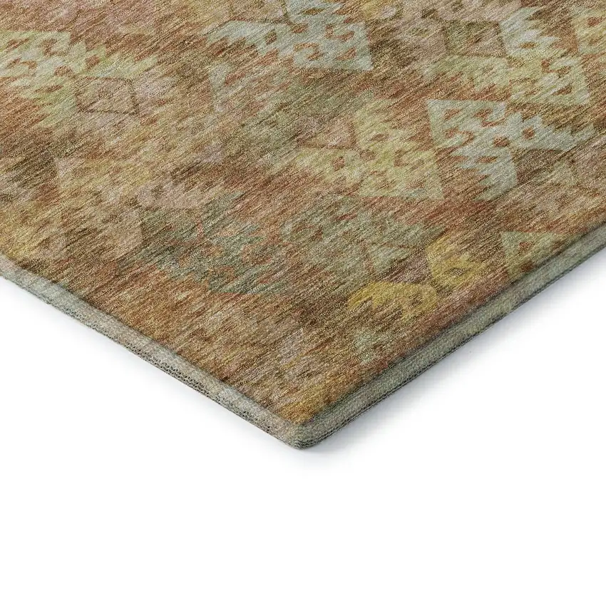 8' Copper Gold And Beige Ikat Washable Round Rug With UV Protection Photo 7