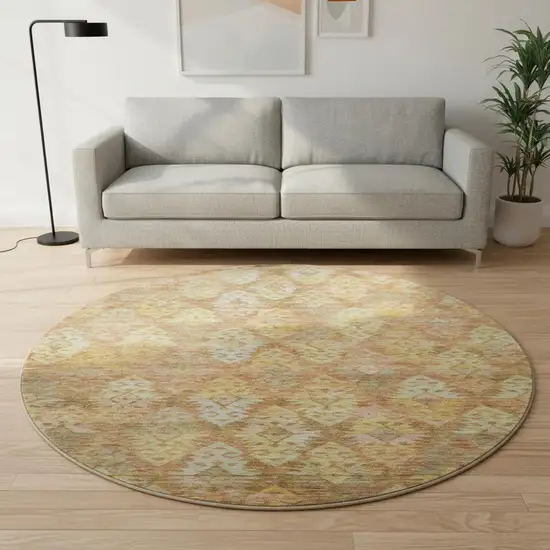 8' Copper Gold And Beige Ikat Washable Round Rug With UV Protection Photo 2