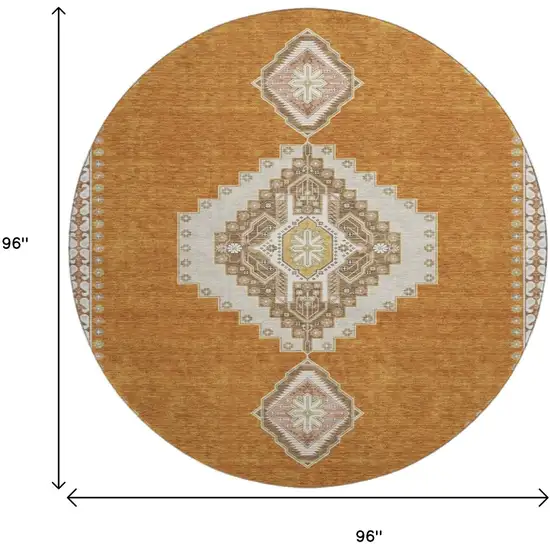 8' Copper Gold And Beige Oriental Washable Round Rug With UV Protection Photo 9