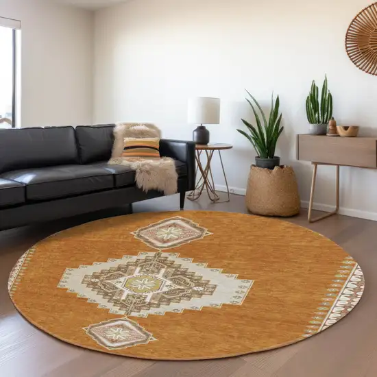 8' Copper Gold And Beige Oriental Washable Round Rug With UV Protection Photo 4