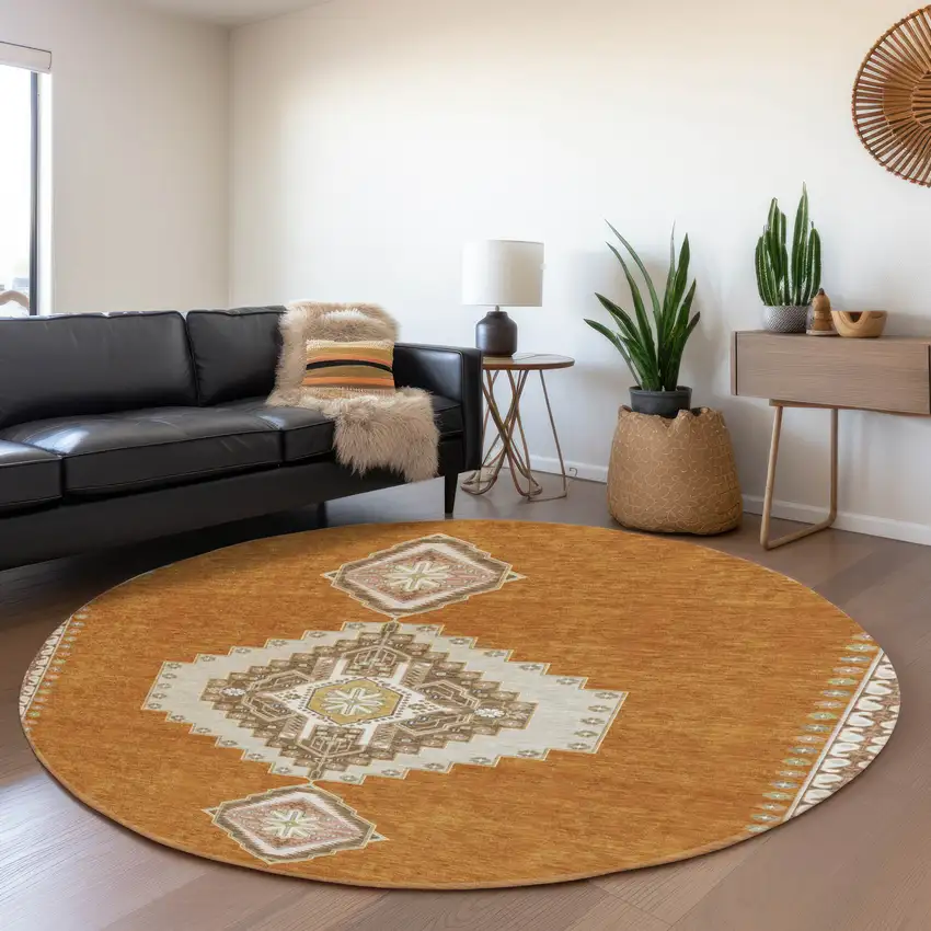 8' Copper Gold And Beige Oriental Washable Round Rug With UV Protection Photo 4