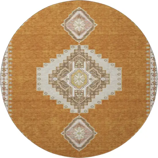 8' Copper Gold And Beige Oriental Washable Round Rug With UV Protection Photo 3