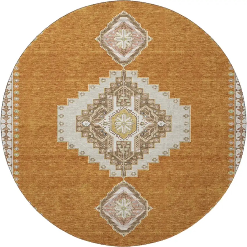 8' Copper Gold And Beige Oriental Washable Round Rug With UV Protection Photo 3