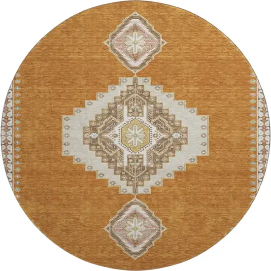 8' Copper Gold And Beige Oriental Washable Round Rug With UV Protection Photo 1