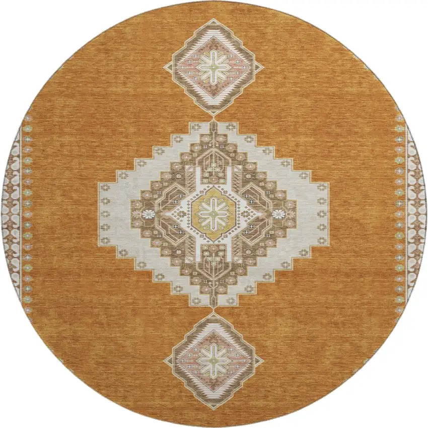 8' Copper Gold And Beige Oriental Washable Round Rug With UV Protection Photo 1