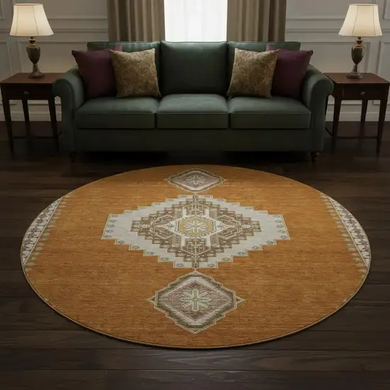 8' Copper Gold And Beige Oriental Washable Round Rug With UV Protection Photo 2