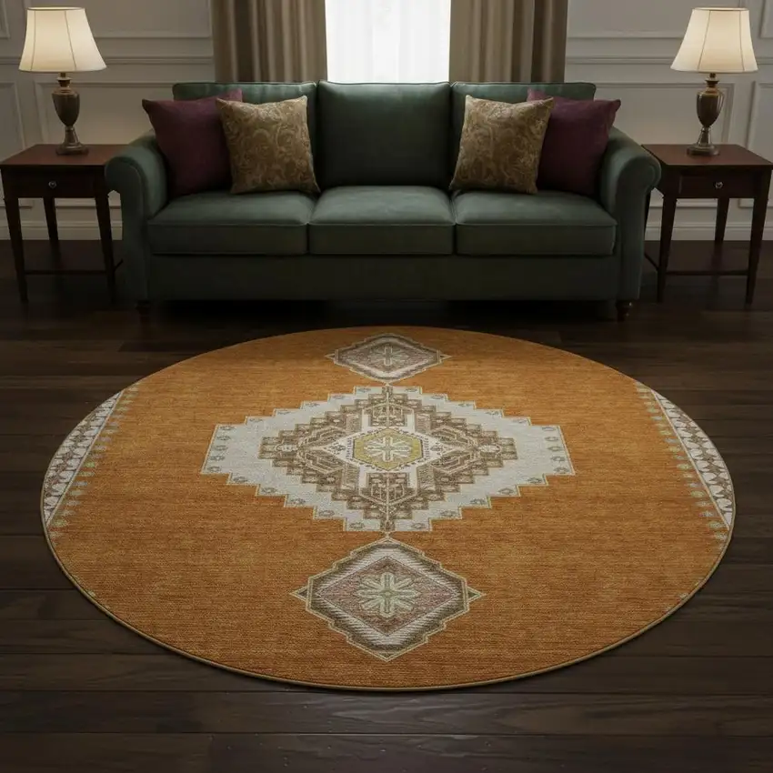 8' Copper Gold And Beige Oriental Washable Round Rug With UV Protection Photo 2