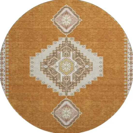 8' Copper Gold And Beige Oriental Washable Round Rug With UV Protection Photo 2