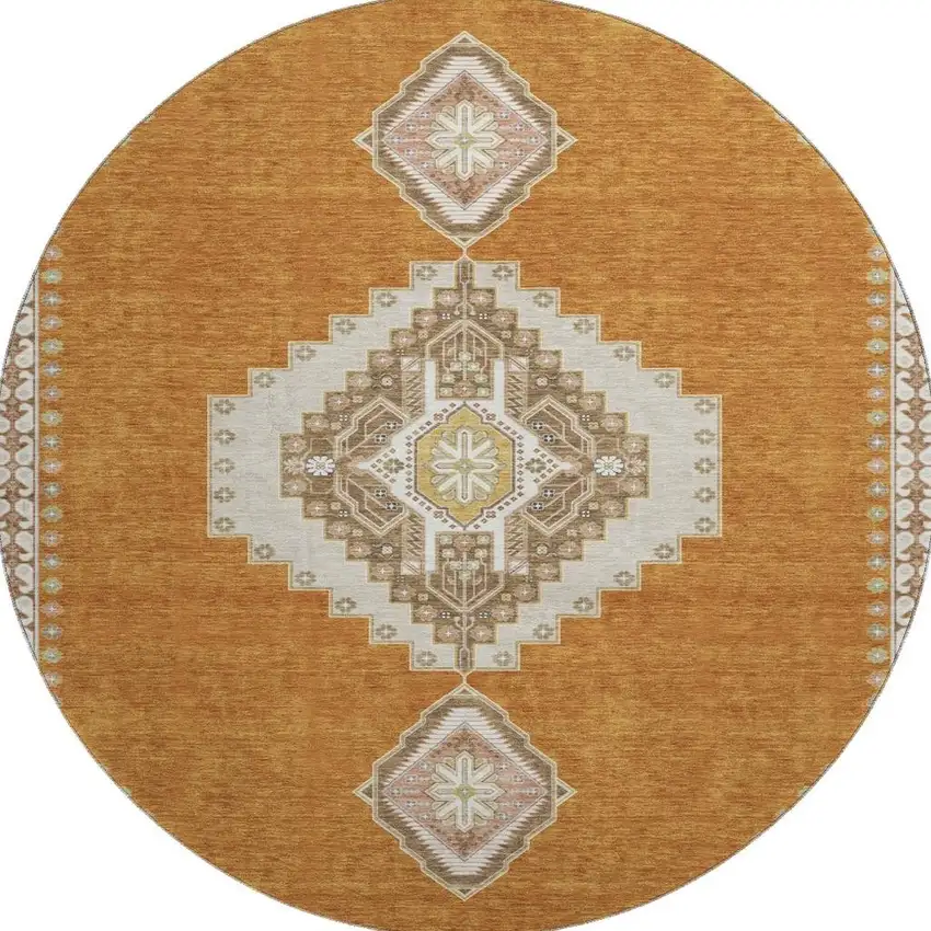 8' Copper Gold And Beige Oriental Washable Round Rug With UV Protection Photo 2