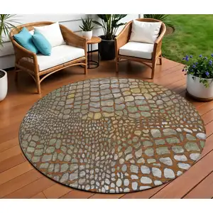 Photo of 8' Copper Gold And Brown Round Abstract Washable Indoor Outdoor Area Rug