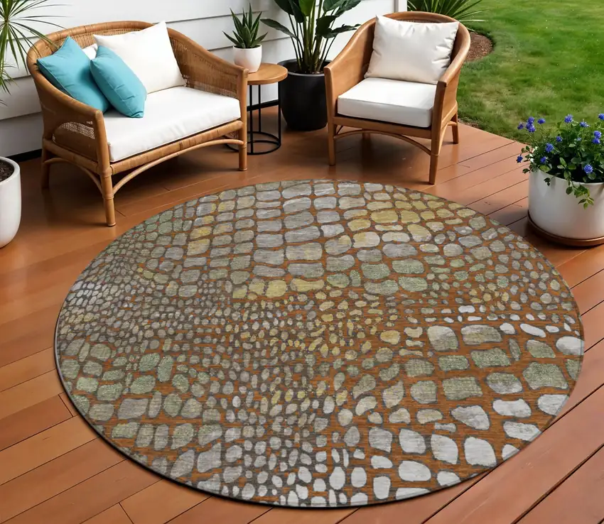 8' Copper Gold And Brown Round Abstract Washable Indoor Outdoor Area Rug Photo 1