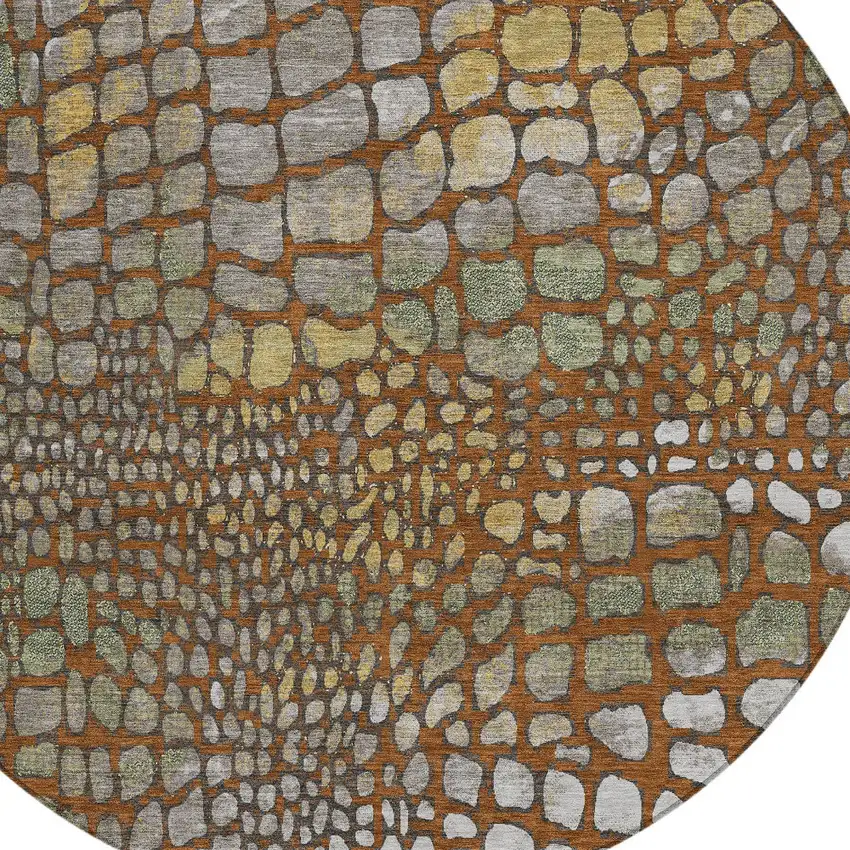 8' Copper Gold And Brown Round Abstract Washable Indoor Outdoor Area Rug Photo 5