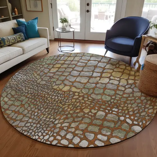 8' Copper Gold And Brown Round Abstract Washable Indoor Outdoor Area Rug Photo 8