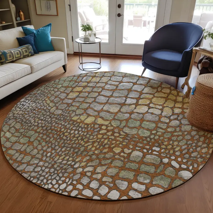 8' Copper Gold And Brown Round Abstract Washable Indoor Outdoor Area Rug Photo 8