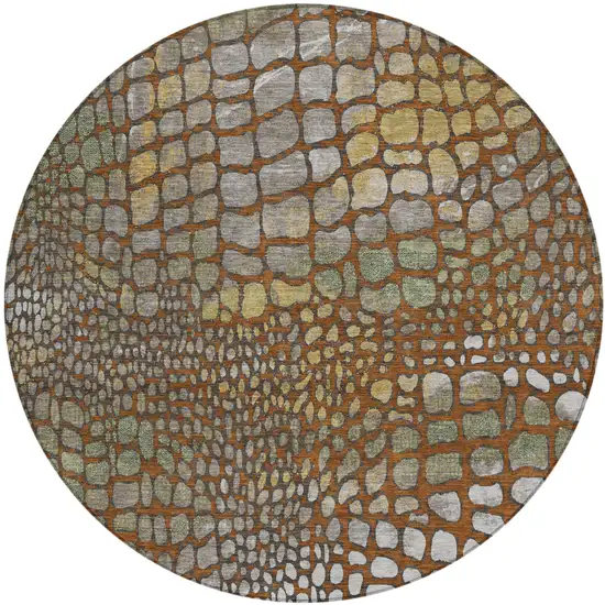 8' Copper Gold And Brown Round Abstract Washable Indoor Outdoor Area Rug Photo 2