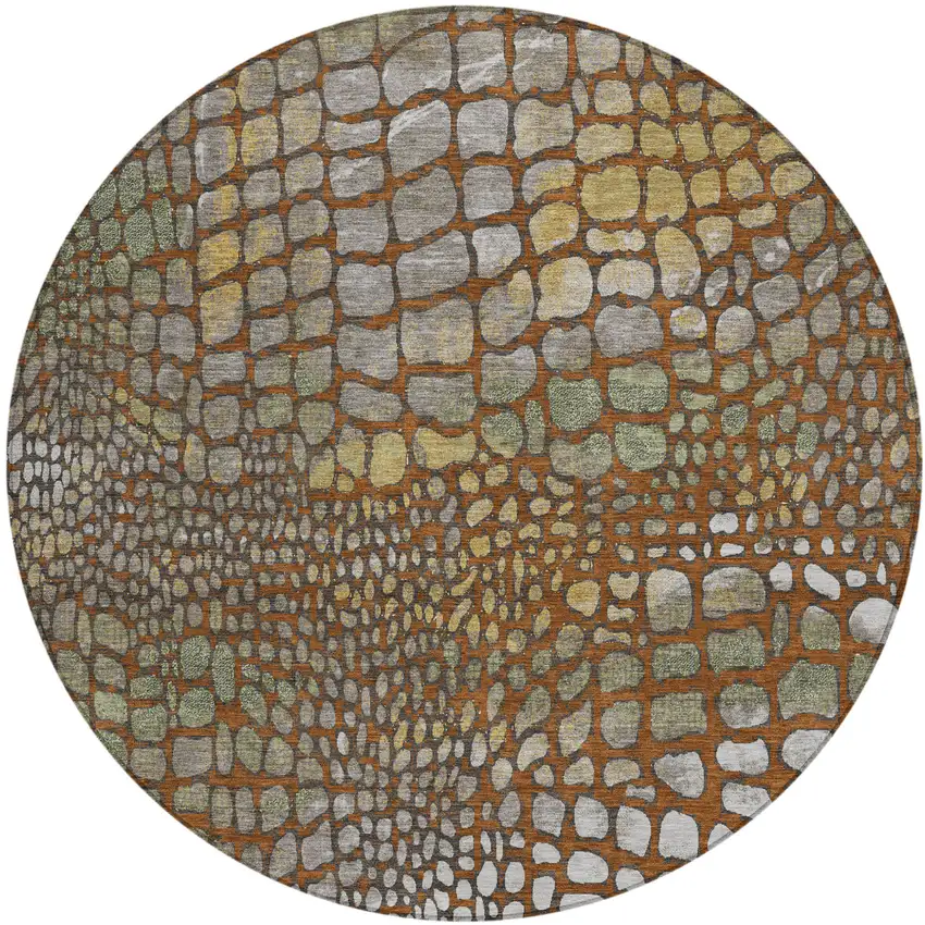8' Copper Gold And Brown Round Abstract Washable Indoor Outdoor Area Rug Photo 2