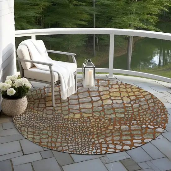 8' Copper Gold And Brown Round Abstract Washable Indoor Outdoor Area Rug Photo 7