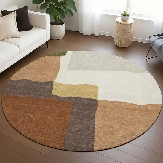 8' Copper Gold And Brown Round Abstract Washable Indoor Outdoor Area Rug Photo 5