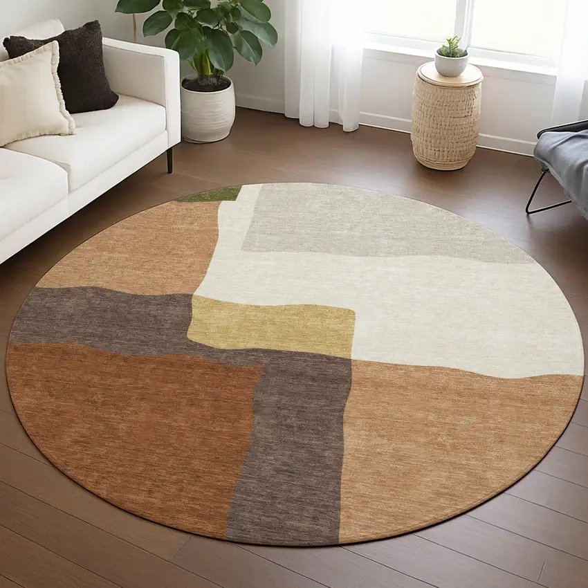 8' Copper Gold And Brown Round Abstract Washable Indoor Outdoor Area Rug Photo 5