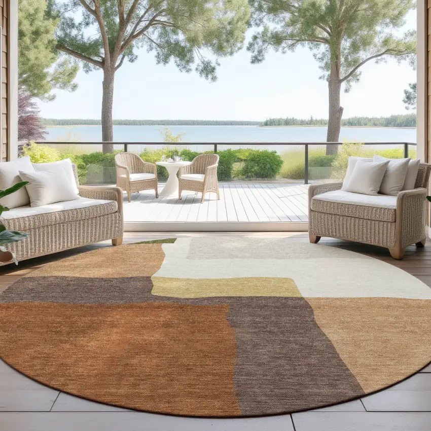 8' Copper Gold And Brown Round Abstract Washable Indoor Outdoor Area Rug Photo 4