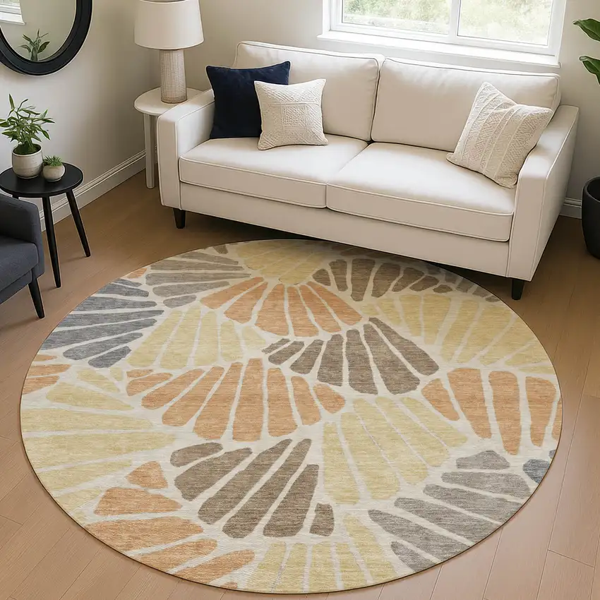 8' Copper Gold And Brown Round Floral Washable Indoor Outdoor Area Rug Photo 5