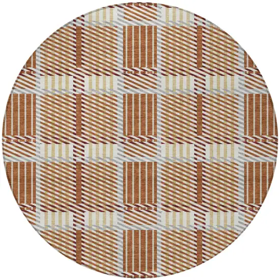 8' Copper Gold And Gray Round Plaid Washable Indoor Outdoor Area Rug Photo 7