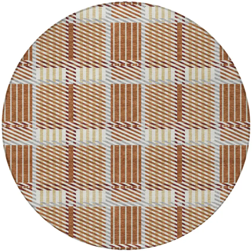 8' Copper Gold And Gray Round Plaid Washable Indoor Outdoor Area Rug Photo 7