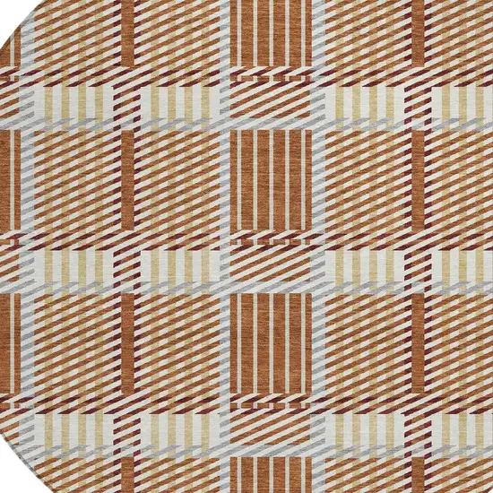8' Copper Gold And Gray Round Plaid Washable Indoor Outdoor Area Rug Photo 4