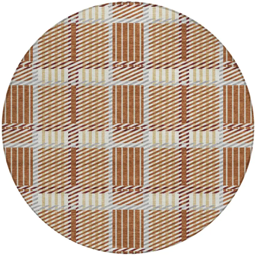 8' Copper Gold And Gray Round Plaid Washable Indoor Outdoor Area Rug Photo 2
