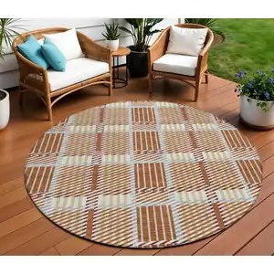 Photo of 8' Copper Gold And Gray Round Plaid Washable Indoor Outdoor Area Rug