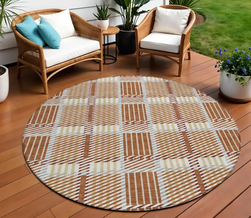 8' Copper Gold And Gray Round Plaid Washable Indoor Outdoor Area Rug Photo 1