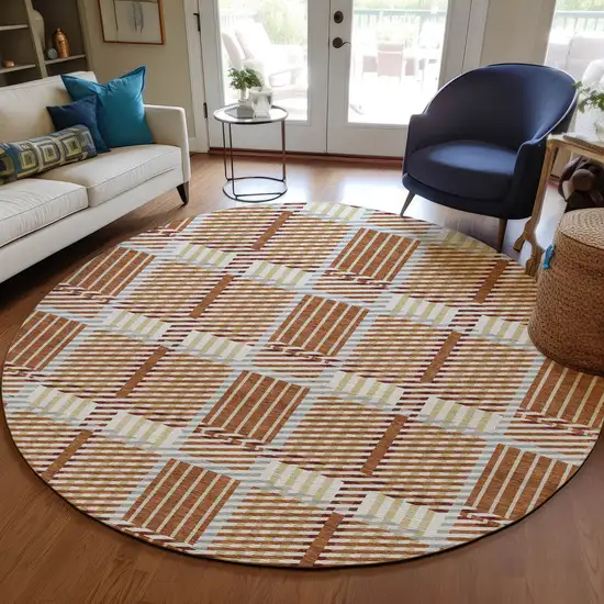 8' Copper Gold And Gray Round Plaid Washable Indoor Outdoor Area Rug Photo 5