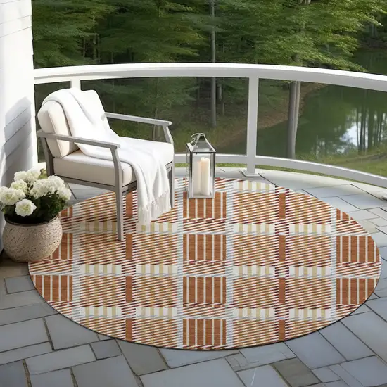 8' Copper Gold And Gray Round Plaid Washable Indoor Outdoor Area Rug Photo 8