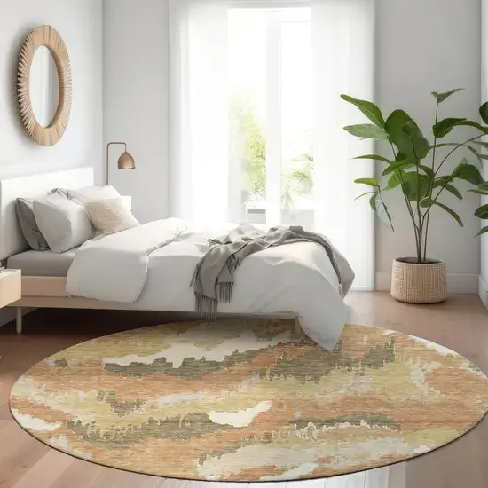 8' Copper Gold And Ivory Abstract Washable Round Rug With UV Protection Photo 6