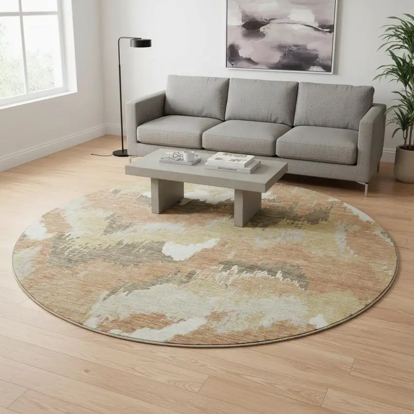 8' Copper Gold And Ivory Abstract Washable Round Rug With UV Protection Photo 1