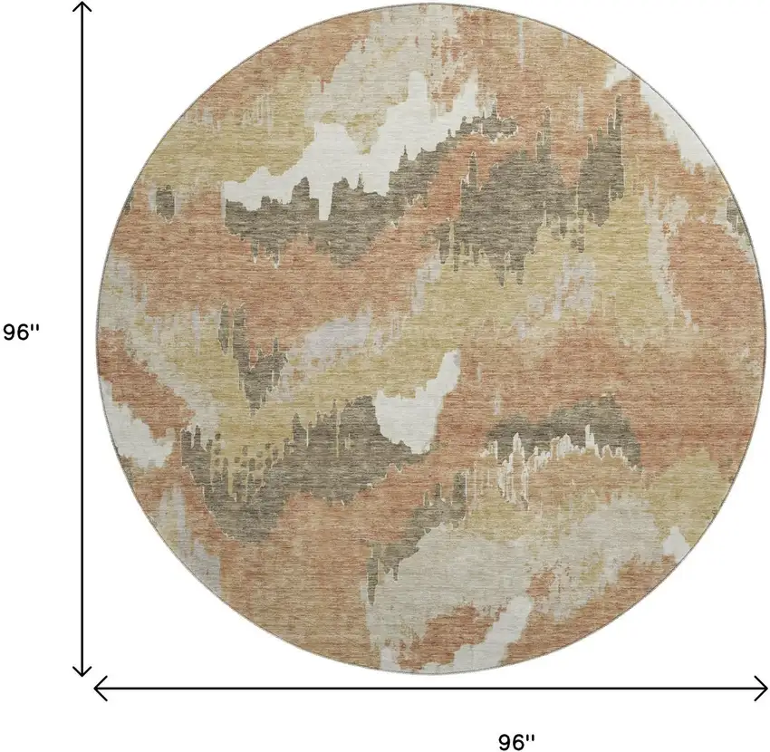 8' Copper Gold And Ivory Abstract Washable Round Rug With UV Protection Photo 3