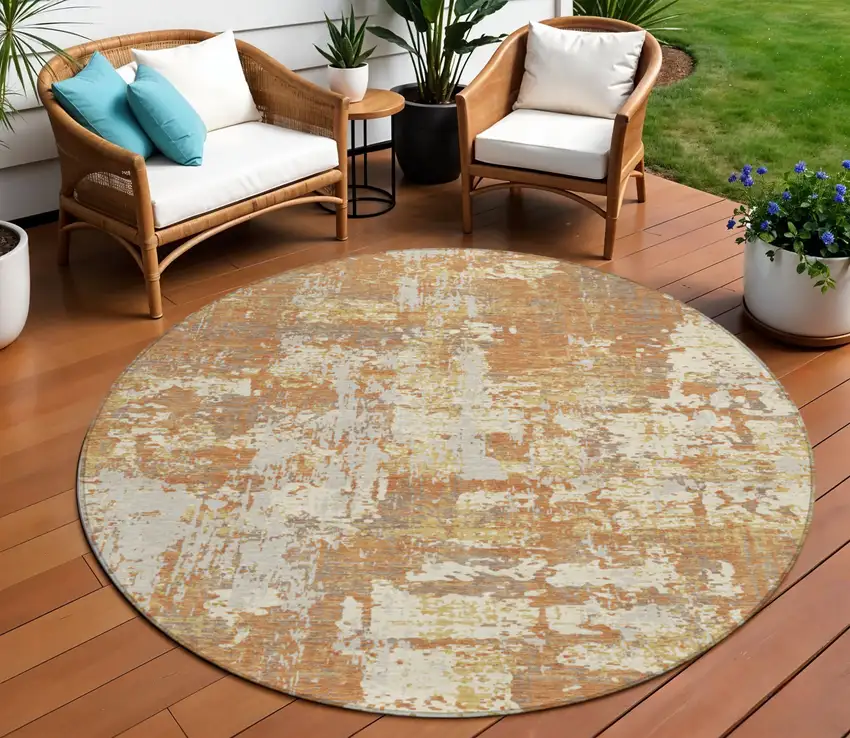 8' Copper Gold And Ivory Round Abstract Washable Indoor Outdoor Area Rug Photo 1
