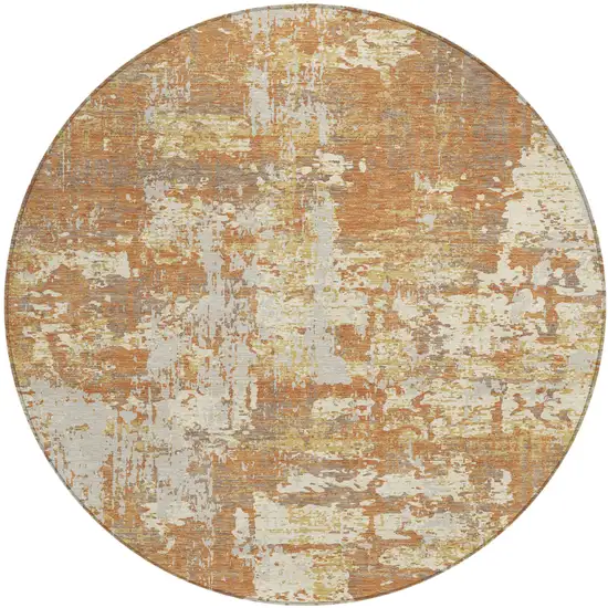 8' Copper Gold And Ivory Round Abstract Washable Indoor Outdoor Area Rug Photo 2