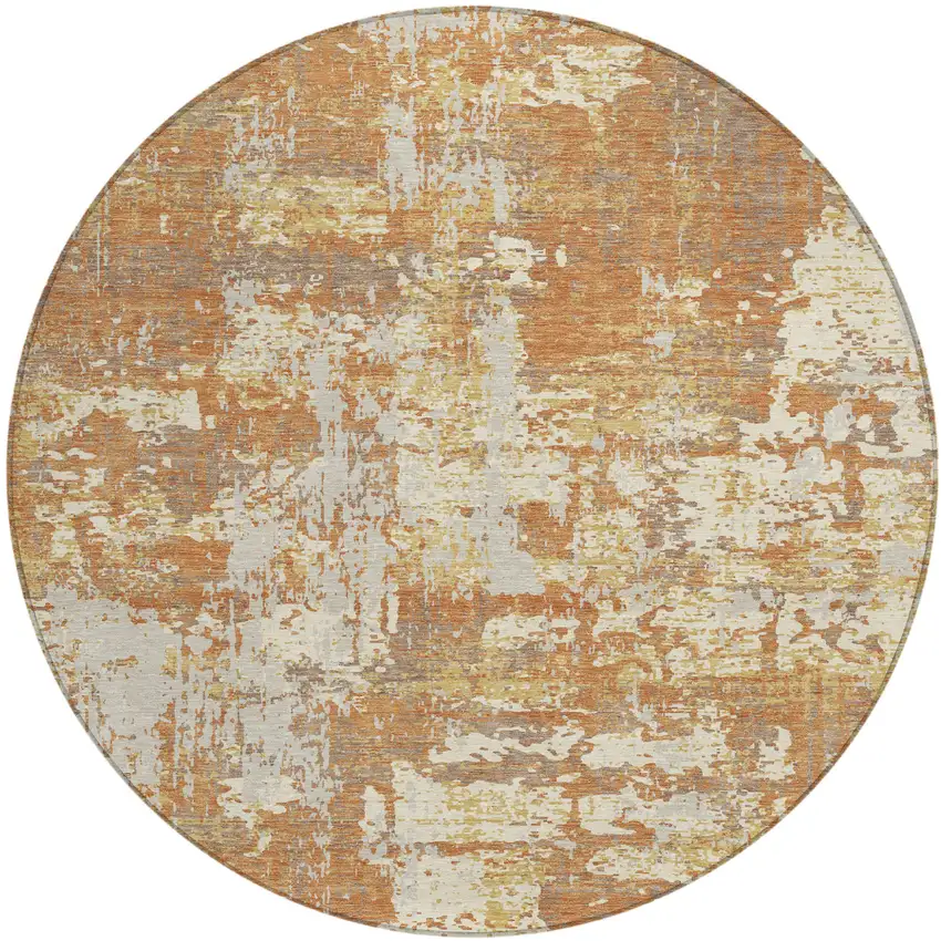 8' Copper Gold And Ivory Round Abstract Washable Indoor Outdoor Area Rug Photo 2