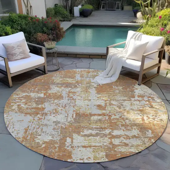 8' Copper Gold And Ivory Round Abstract Washable Indoor Outdoor Area Rug Photo 7