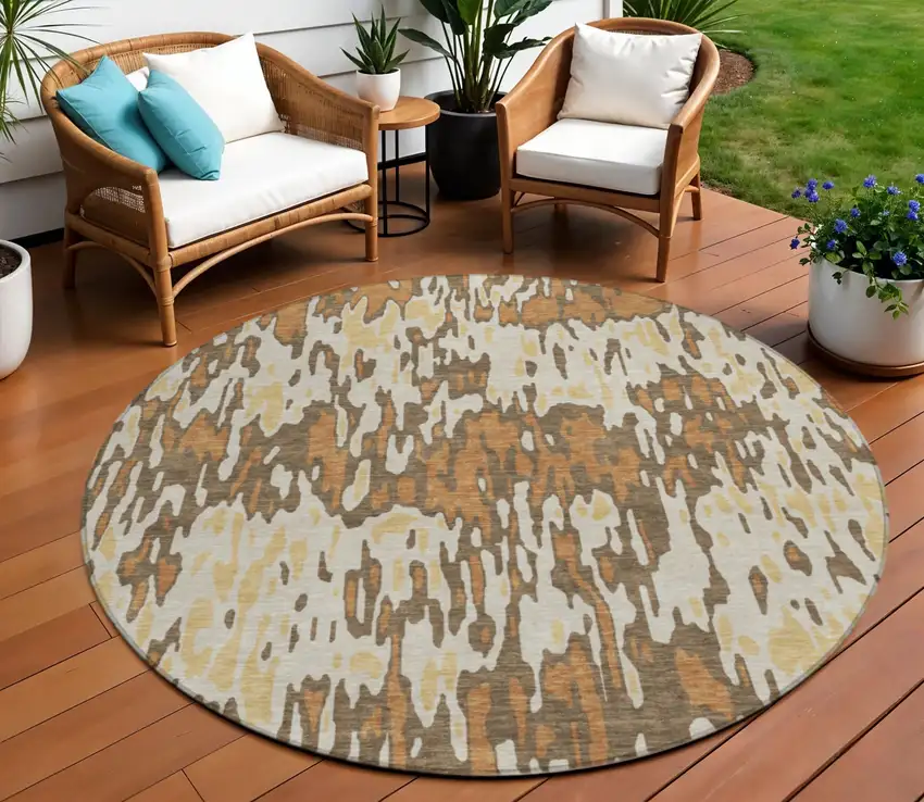 8' Copper Gold And Ivory Round Striped Washable Indoor Outdoor Area Rug Photo 1