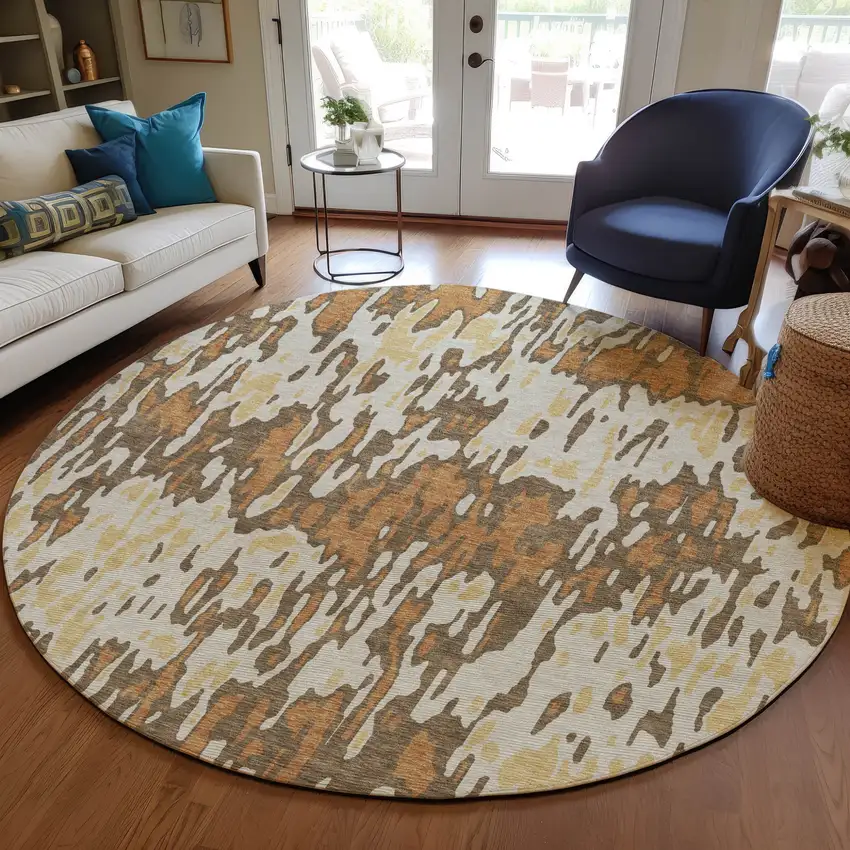 8' Copper Gold And Ivory Round Striped Washable Indoor Outdoor Area Rug Photo 8