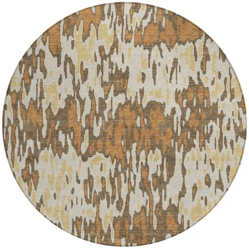 8' Copper Gold And Ivory Round Striped Washable Indoor Outdoor Area Rug Photo 6