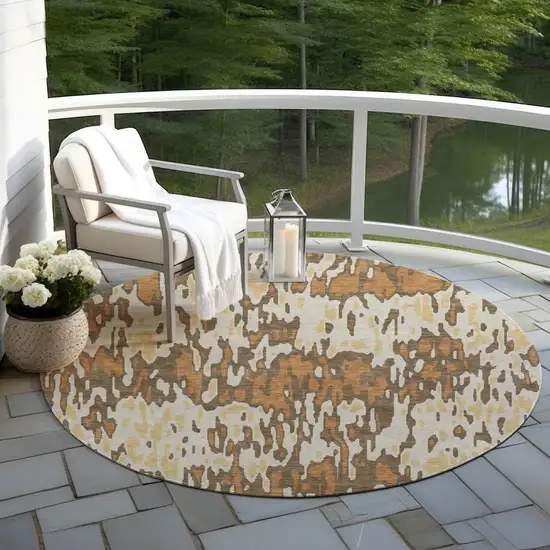 8' Copper Gold And Ivory Round Striped Washable Indoor Outdoor Area Rug Photo 7